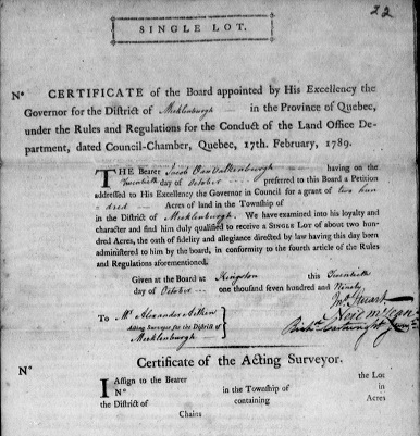 Land Board Certificate. Source: Library and Archives Canada. “Upper Canada Land Petitions (1763-1865),” microfilm C-2947 vol. 514 U-V Bundle 3/22, 1797