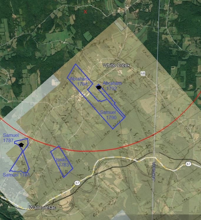 The red X is the approximate location of the Mosher property and centre of the 3-mile arc. Hodge properties in blue are mapped from deed descriptions. Purchase or sale dates listed do not necessarily reflect date of first occupancy. Source of historical map overlay: New York State Archives. (1773). "Wallumsack Patent, purchased from Indians, 1773, by Edward Colins, James De Lancy and others. Map #775," <https://digitalcollections.archives.nysed.gov/index.php/Detail/objects/37352>. Source of earth image: Google Maps. (2021). Hoosick, NY. Satellite image. Retrieved from https://www.google.ca/maps/@42.9530463,-73.3068128,9170m/data=!3m1!1e3 [Accessed October 2021].