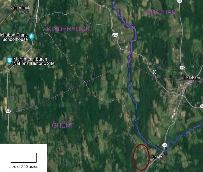 The red oval estimates the location of Guysbert Sharp's 220 acres at the boundary of Kinderhook and Chatham. Guysbert and Bautche married at the Vosburgh tavern, estimated location at the white X.