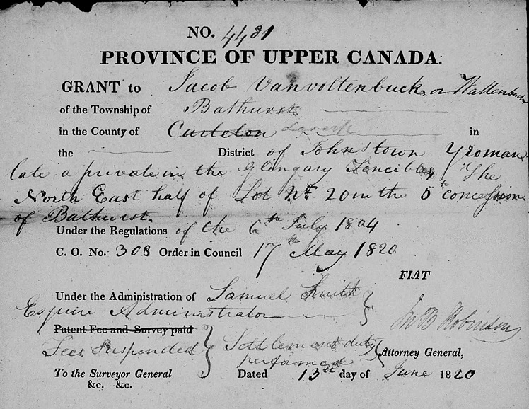Fiat for land for service with the Glengarry Fencibles. Source: Ontario. Crown Lands Department. Military fiats (v. 109) bundle A4 - Z25, 1820-1821. FHL microfilm 008346055, image 601 <https://www.familysearch.org/ark:/61903/3:1:3Q9M-CSTB-GPWG?i=600&cat=283269>