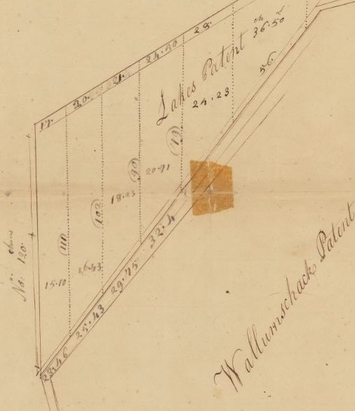 Samuel Hodges Lot 1 on left side of map. Source: New York State Archives. (n.d.) Map of Lake's Patent adjoining Wallumschack Patent. Map #770B.