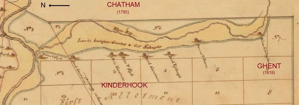 Kline Kill in 1768 at the east side of present-day Kinderhook. Source: New York State Archives. Map of the Kinderhook Patent, by Isaac Vrooman, State Engineer and Surveyor. Survey maps of lands in New York State, ca. 1711-1913. Series A0273-78, Map #889.
