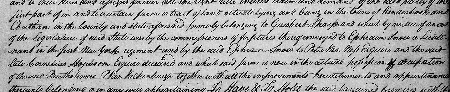 Guisbert Sharpe's property was in the possession of Bartholomew VanValkenburgh in 1796. Source: "United States, New York Land Records, 1630-1975," database with images, FamilySearch (https://www.familysearch.org/ark:/61903/3:1:3QS7-L9WQ-PZVW?i=354&cc=2078654&cat=245976), Columbia County Deeds, vol A, image 355