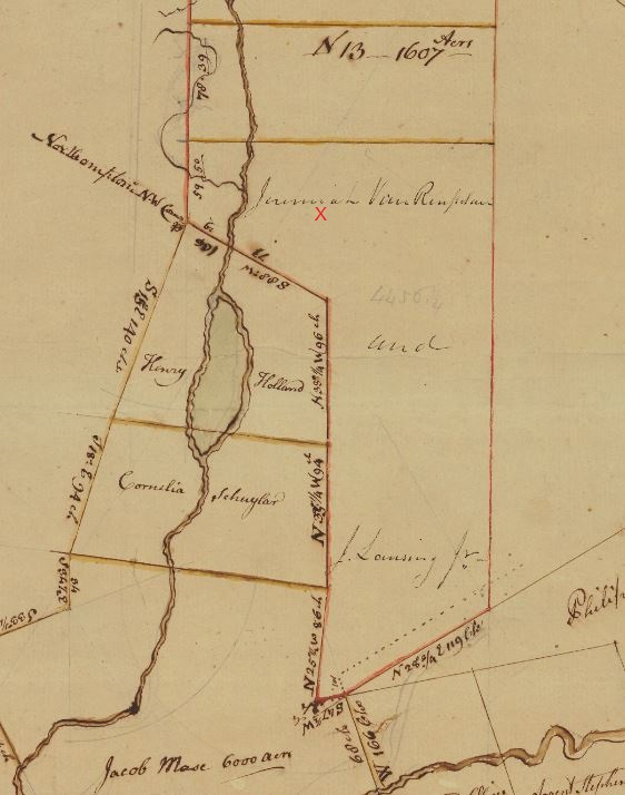 The red X gives the supposed, approximate location of William and Lydia Munro from 1804 to 1811 based on land deed descriptions. Source: Campbell, Archibald. (1785 Dec). Map of Bergen's Purchase, on the Sakindaga branch of the Hudson's river. Map #88. NY State Archives.