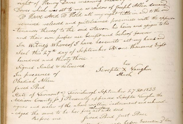 Serepta's land sale showing Obadiah as a witness. Source: Ferrisburgh Town Clerk. (1833). Deeds vol. 12, p. 476. Accessed original at Ferrisburgh Town Clerk's Office, 2013. 