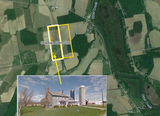 Formerly the property of Obadiah Allen, 50 acres, east part Lot 129 and west part Lot 128 Ferrisburgh. Source: Google Maps. (2021). Ferrisburgh. Satellite image. Retrieved from https://www.google.ca/maps/@44.1821188,-73.3259815,4240m/data=!3m1!1e3